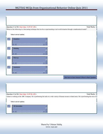 MGT502 MCQs from Organizational Behavior Online Quiz 2011 - vuZs