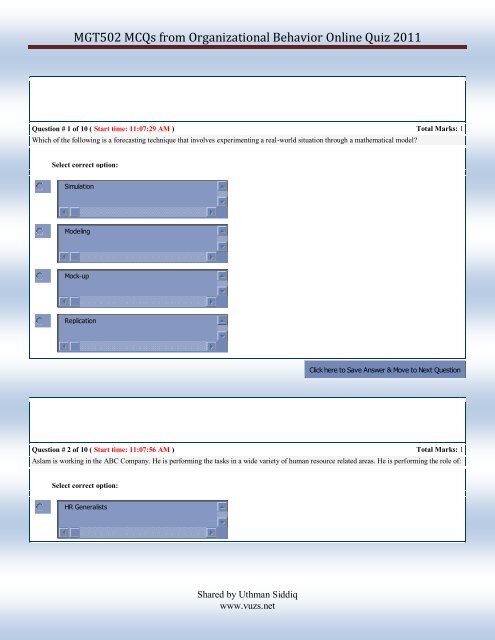 MGT502 MCQs from Organizational Behavior Online Quiz 2011 - vuZs