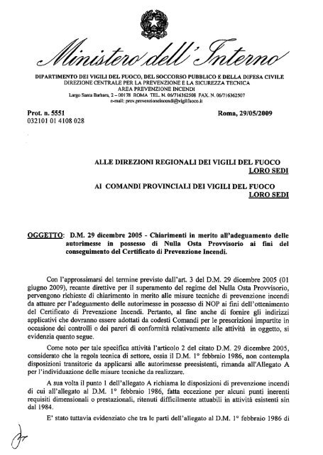 D.M. 29 dicembre 2005 - Corpo Nazionale dei Vigili del Fuoco