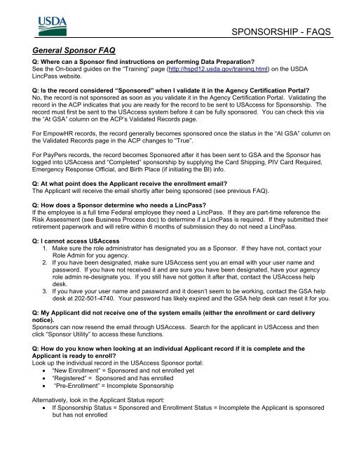 SPONSORSHIP - FAQS - USDA HSPD-12 Information