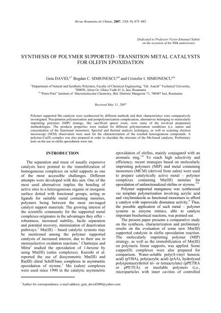 synthesis of polymer supported âtransition metal catalysts for olefin ...