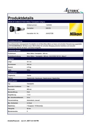 NIKON AF S 600/4 D IF-ED II Nikkor Teleobjektiv hellgrau