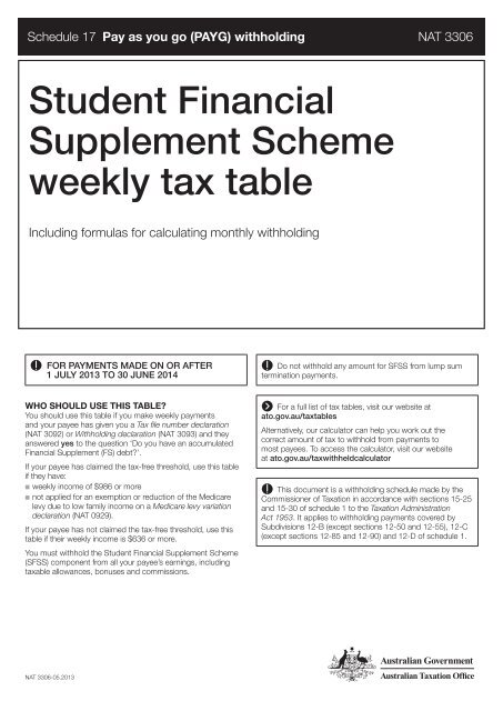 Student Financial Supplement Scheme weekly tax table - Australian ...