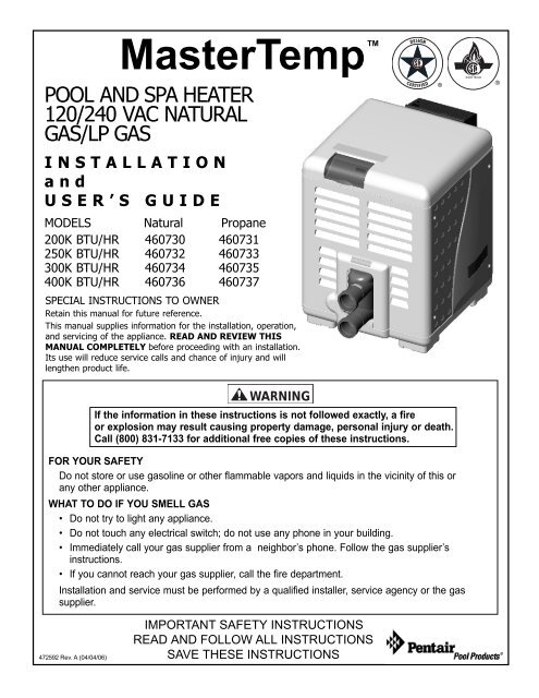 Mastertemp Heater Installtion And User