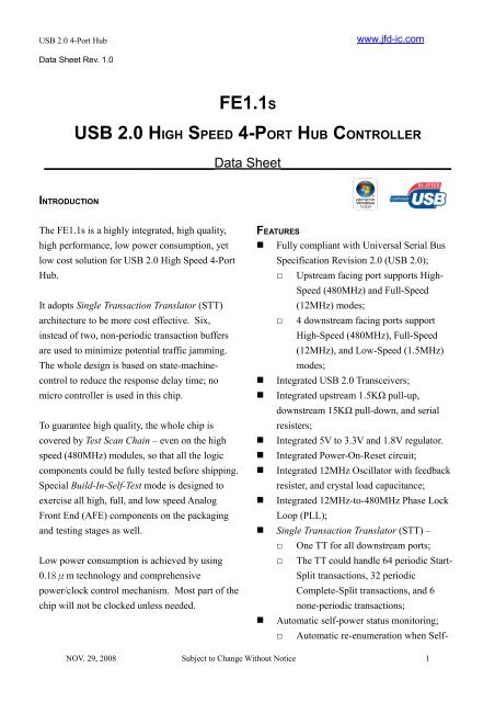 Lys udstødning Gennemsigtig FE1.1S USB 2.0 HIGH SPEED 4-PORT HUB CONTROLLER