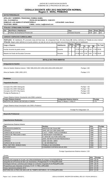 CEDULA DOCENTE AÃO 2012 INSCRIPCIÃN ... - TramixSakai ULP