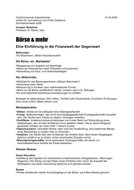 Handout Boerse und mehr