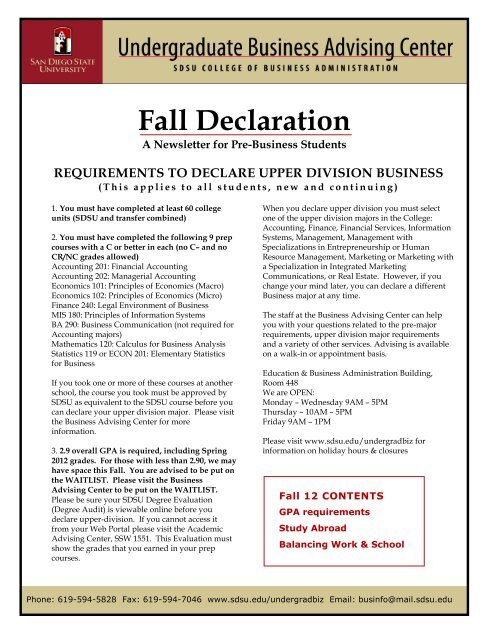 Fall Declaration - SDSU College of Business Administration