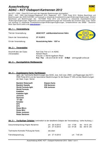 Ausschreibung ADAC – KCT Clubsport-Kartrennen ... - Kart Club Trier