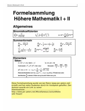 Formelsammlung HÃ¶here Mathematik I II Allgemeines ...