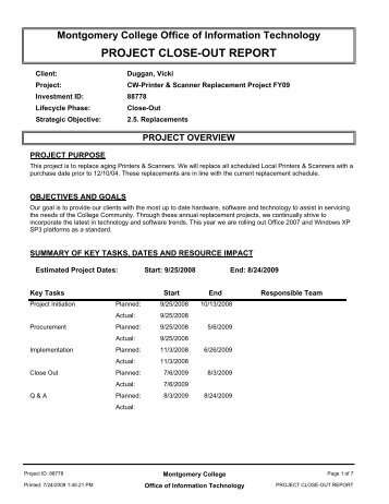 Project Close-out Report - Montgomery College