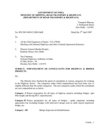 Empanelment of Consultants for Highway & Bridge Projects by MoRTH