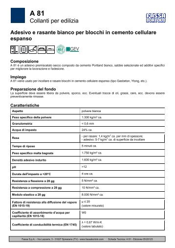 Scheda tecnica A 81 - Fassa Bortolo