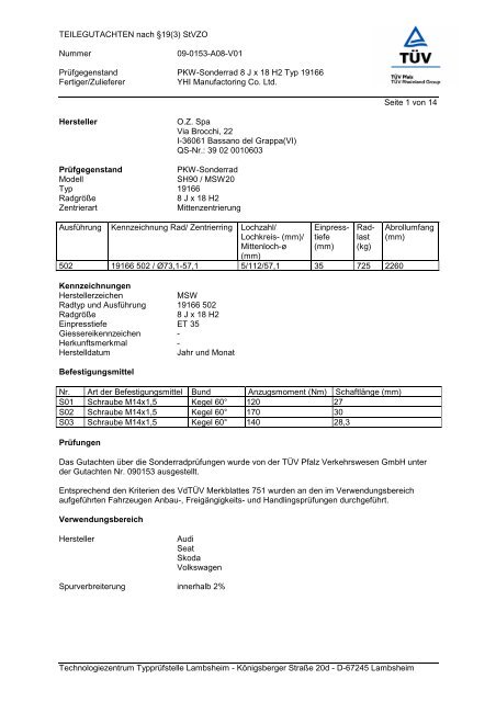 TEILEGUTACHTEN nach Â§19(3) StVZO Nummer 09-0153-A08-V01 ...