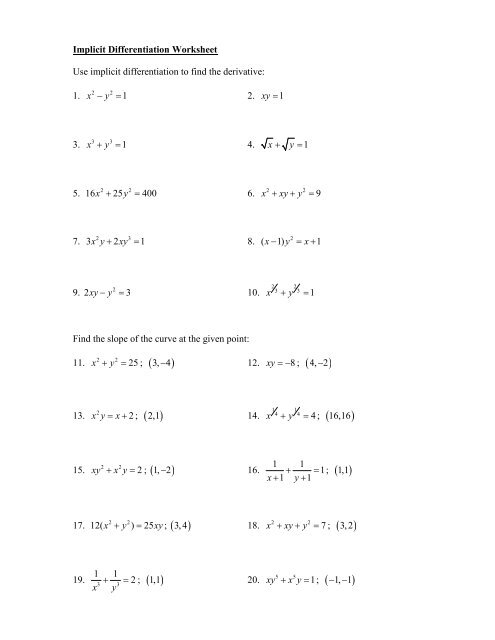 Implicit Differentiation Worksheet - Rowland High School