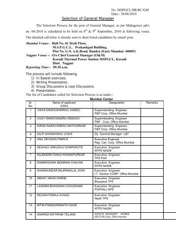 List of candidates for Selection Process for General ... - Mahagenco