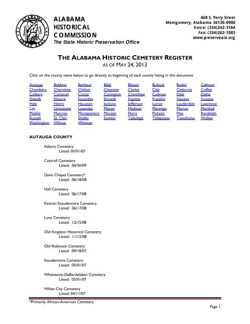 the alabama historic cemetery register - Alabama Historical ...