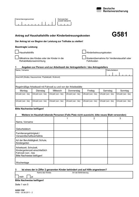 G581 - Antrag auf Haushaltshilfe oder Kinderbetreuungskosten