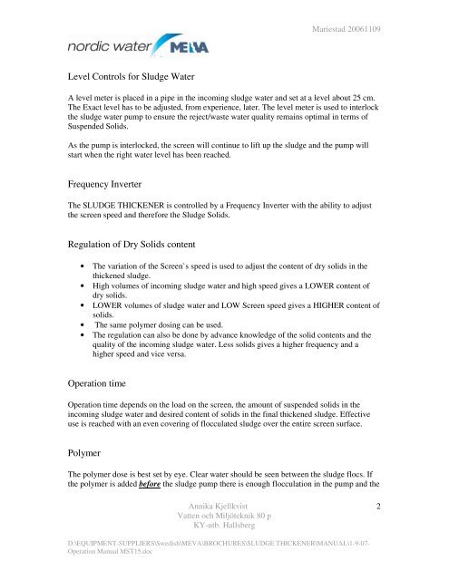 SLUDGE THICKENER - Operation Manual - Stone Food Machinery