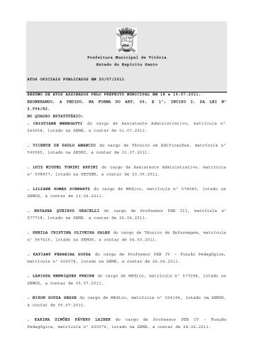 Atos Oficiais publicados em 20/07/2011 - Prefeitura de VitÃ³ria