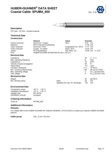 HUBER+SUHNERÂ® DATA SHEET Coaxial Cable ... - Nkt-rf.ru