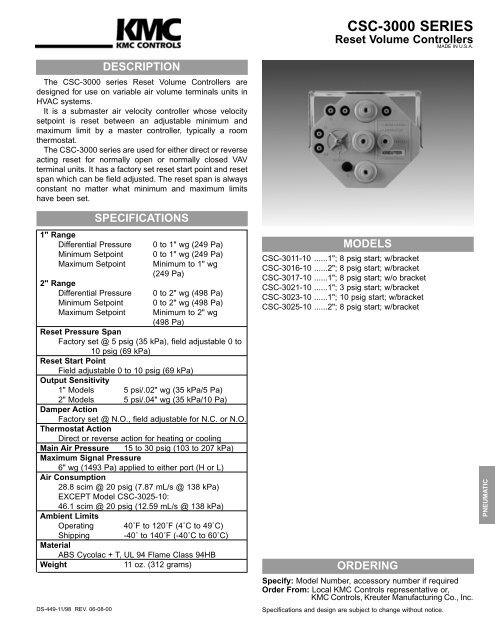 KMC CONTROLS CSC-3025-10 Reset Volume Controllers for VAV