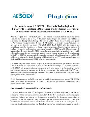 Partenariat entre AB SCIEX et Phytronix Technologies - QuÃ©bec ...