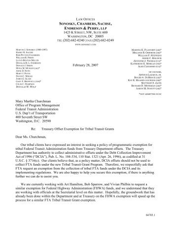 Letter Regarding Treasury Offset for Tribal Transit Grants
