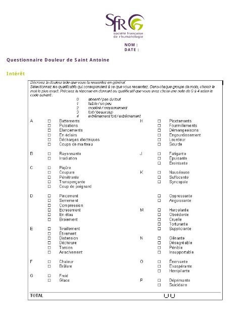 Questionnaire Douleur De Saint Antoine