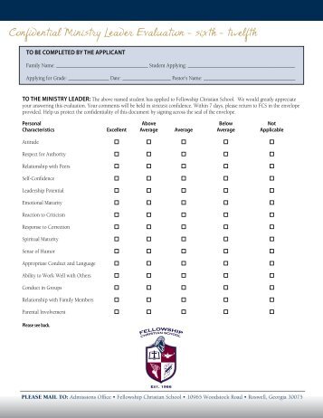 Confidential Ministry Leader Evaluation - sixth - twelfth - Fellowship ...