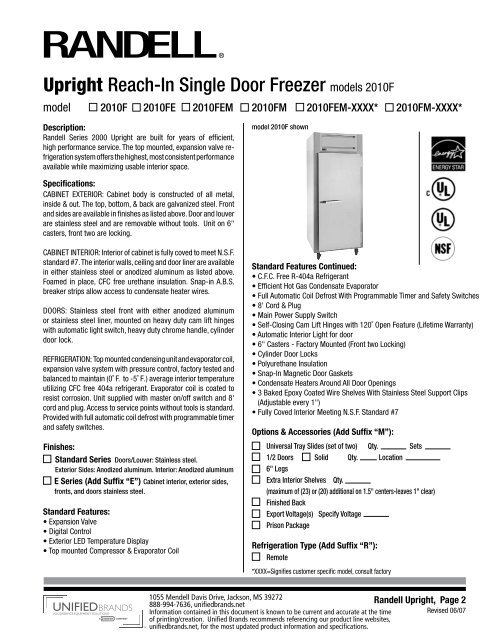 Upright Reach-In Single Door Freezer models 2010F