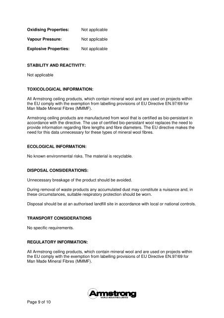 COSHH REGULATIONS 1999 & EH 40/97 MATERIAL ... - Armstrong