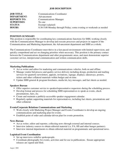 Job Description Job Title Communications Coordinator