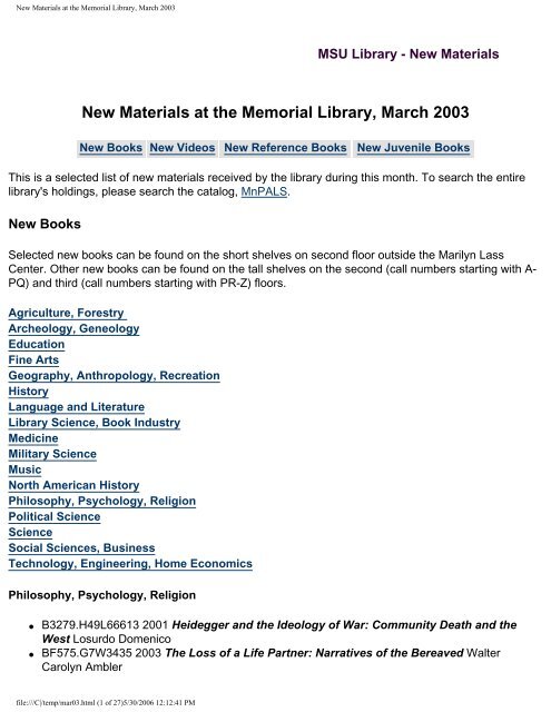 New Materials at the Memorial Library, March 2003