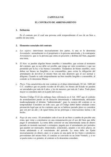 CAPITULO VII EL CONTRATO DE ARRENDAMIENTO 1. DefiniciÃ³n ...