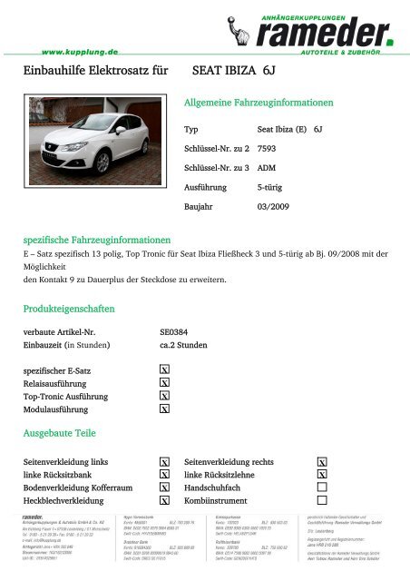 Einbauhilfe Elektrosatz Fur Seat Ibiza 6j