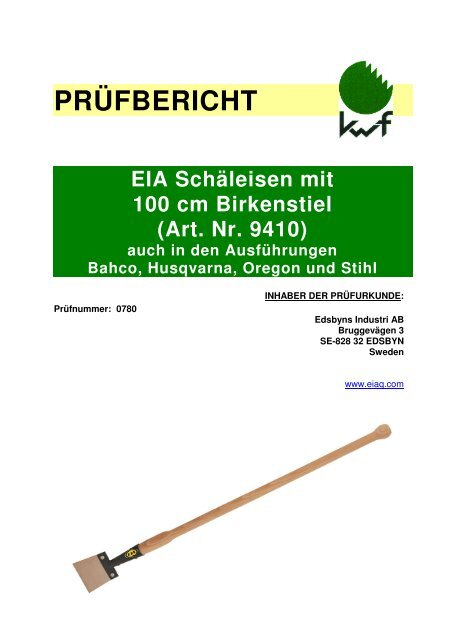 PRÜFBERICHT EIA Schäleisen mit 100 cm Birkenstiel (Art. Nr. 9410)