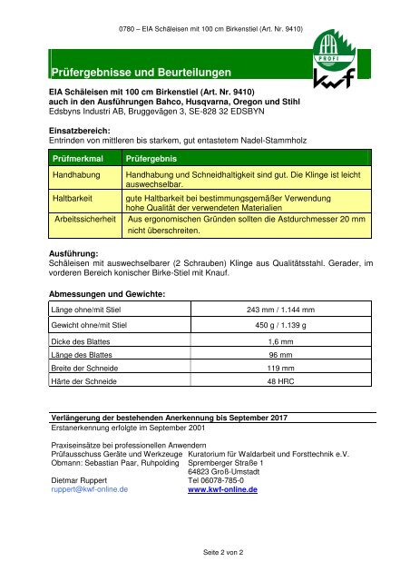 PRÜFBERICHT EIA Schäleisen mit 100 cm Birkenstiel (Art. Nr. 9410)