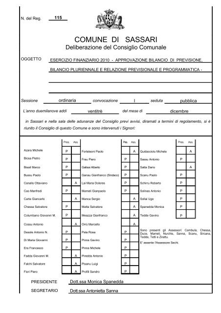 Delibera di approvazione bilancio 2010 - Comune di Sassari