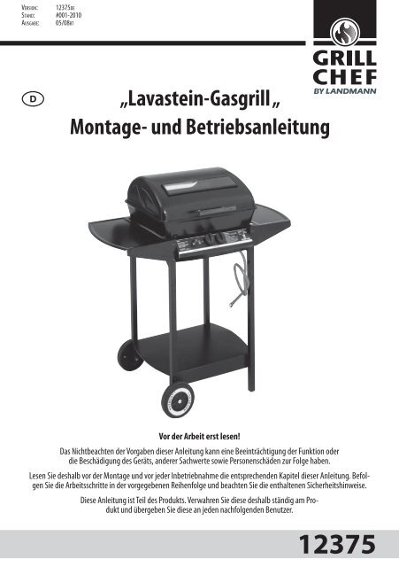 Lavastein-Gasgrill „ Montage- und Betriebsanleitung ® - Landmann