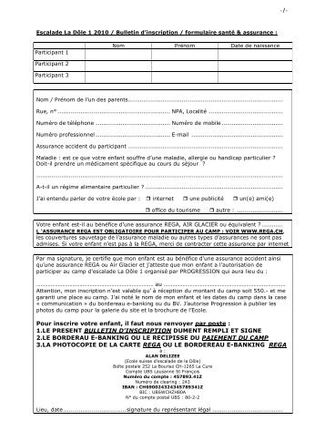 Bulletin inscription DÃ´le 1 / 6-13 ans - Ecole suisse d'escalade de la ...