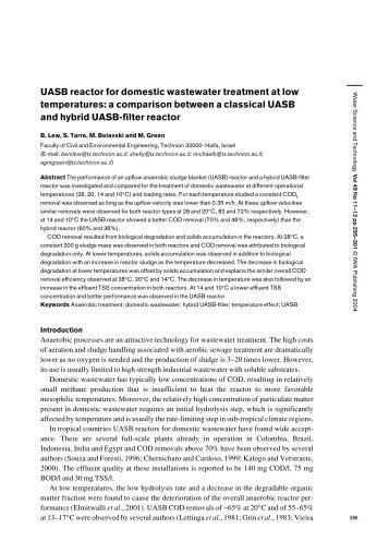 UASB reactor for domestic wastewater treatment at low temperatures