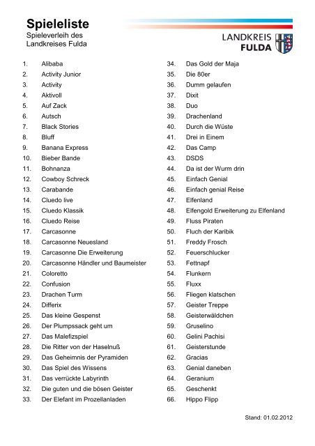 Spieleliste - Landkreis Fulda