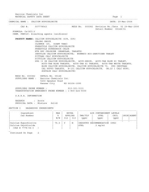 MSDS Calcium Hypochlorite - FabriClean Supply