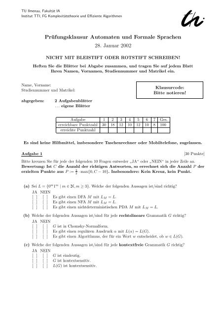 Klausur Automaten und Formale Sprachen WS 01/02