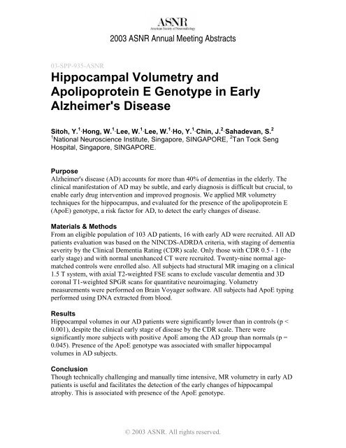 Hippocampal Volumetry and Apolipoprotein E ... - For Members