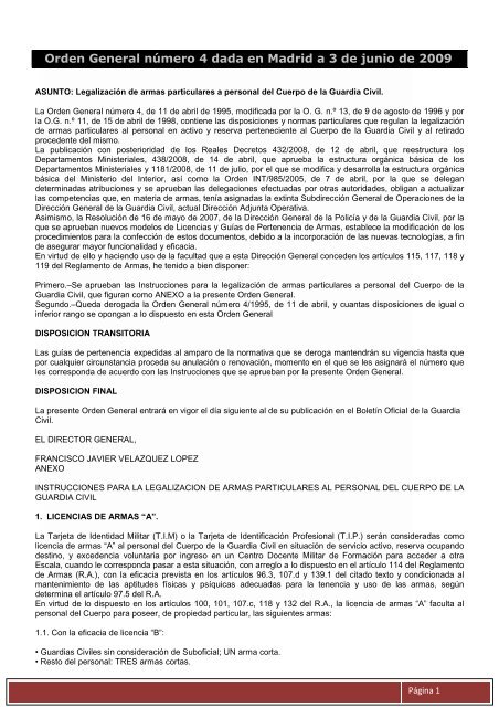 Orden General nÃºmero 4 dada en Madrid a 3 de junio de 2009
