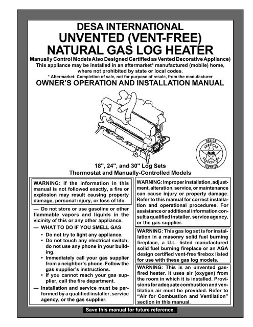 UNVENTED (VENT-FREE) NATURAL GAS LOG HEATER - Desa