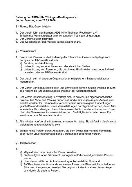 Satzung der AIDS-Hilfe Tübingen-Reutlingen e.V. (in der Fassung ...