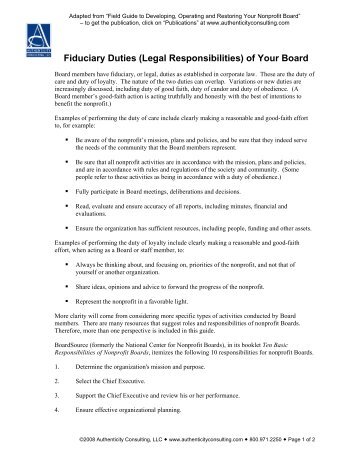 Fiduciary Duties (Legal Responsibilities) of Your Board